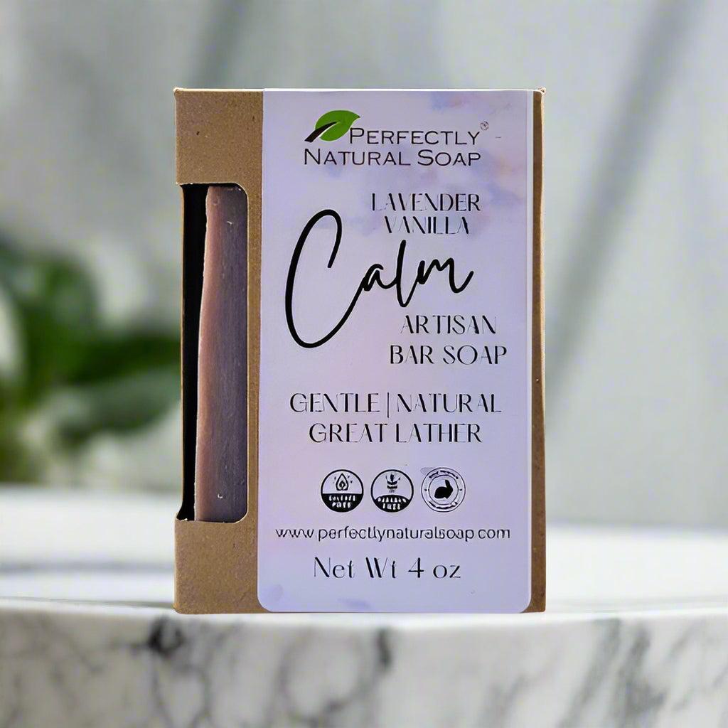 Calm lavender vanilla natural soap bar close-up, soothing handmade bar soap with calming aroma