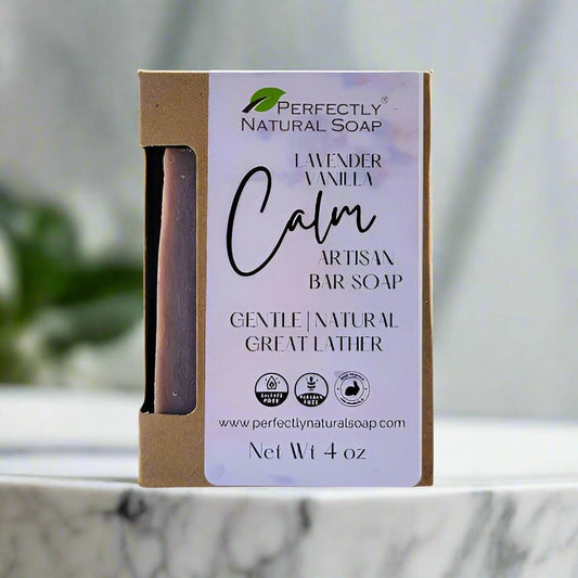 Calm lavender vanilla natural soap bar close-up, soothing handmade bar soap with calming aroma