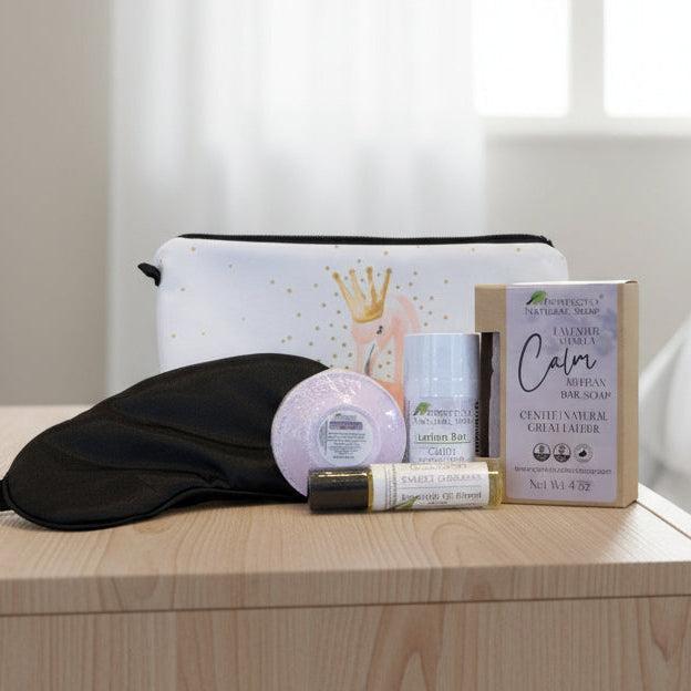Sleepy Time lavender sleep self-care kit in fabric pouch, lavender-scented calming bedtime gift set