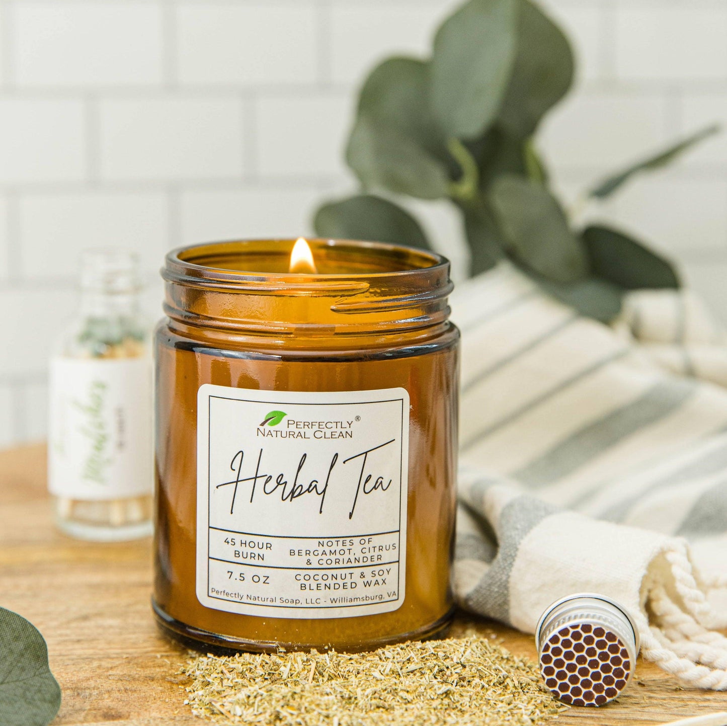 Classic coconut soy candle 7.5 oz Herbal Tea scent, hand-poured natural candle with botanical fragrance