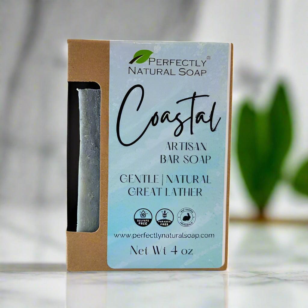 Coastal natural soap bar close-up, handmade moisturizing bar with refreshing sea and citrus scent