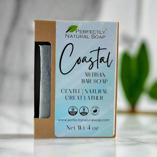 Coastal natural soap bar close-up, handmade moisturizing bar with refreshing sea and citrus scent