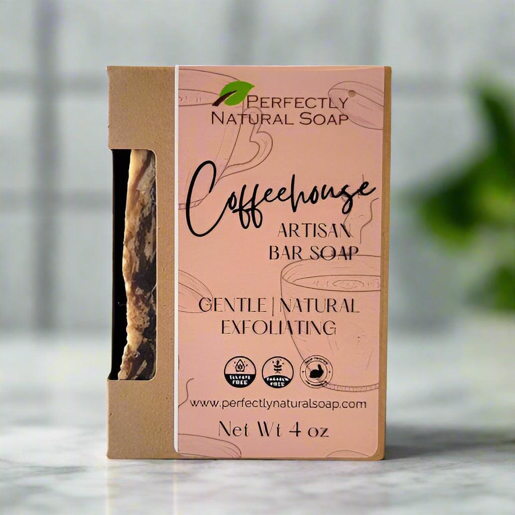 Coffeehouse natural soap bar close-up showing coffee grounds texture, exfoliating coffee soap 4 oz