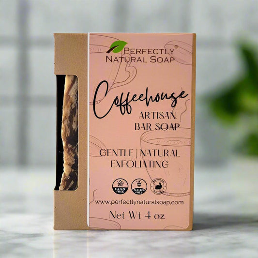 Coffeehouse natural soap bar close-up showing coffee grounds texture, exfoliating coffee soap 4 oz