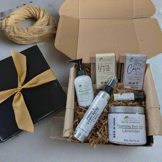 Natural bath and body wellness self-care gift box, comfort care set with aromatherapy and bath products