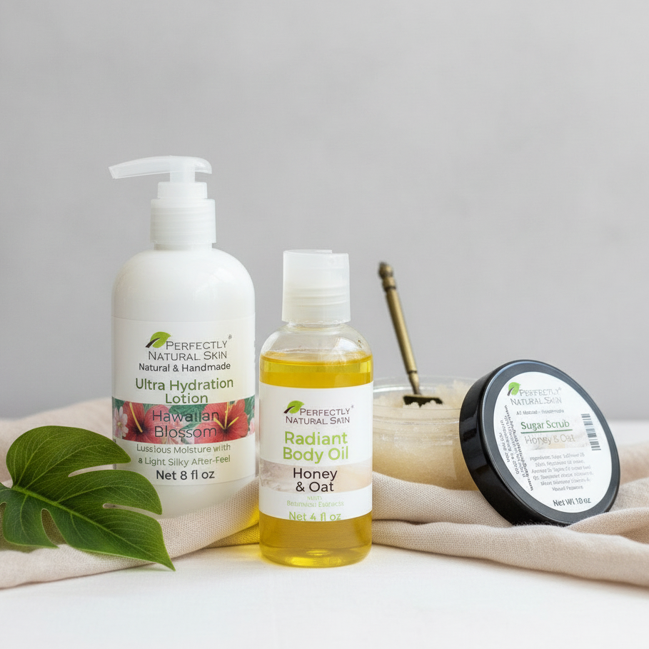 Complete body hydration ritual bundle with natural lotion, body oil and sugar scrub Beach Bum scent