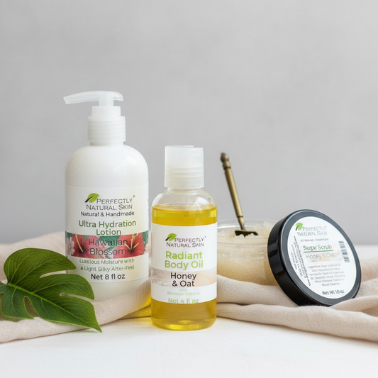 Complete body hydration ritual bundle with natural lotion, body oil and sugar scrub Beach Bum scent