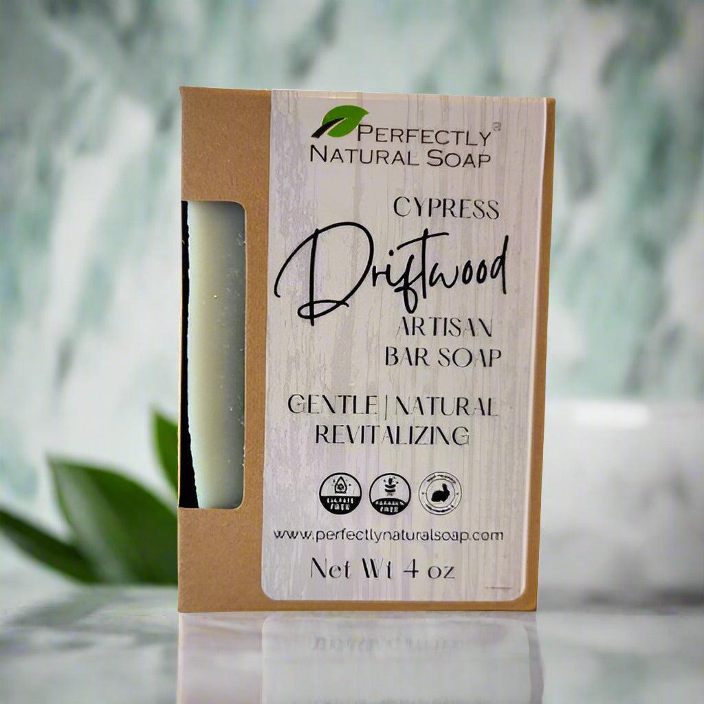 Cypress driftwood natural soap bar close-up showing rich lather, handmade woodsy bar soap 4 oz