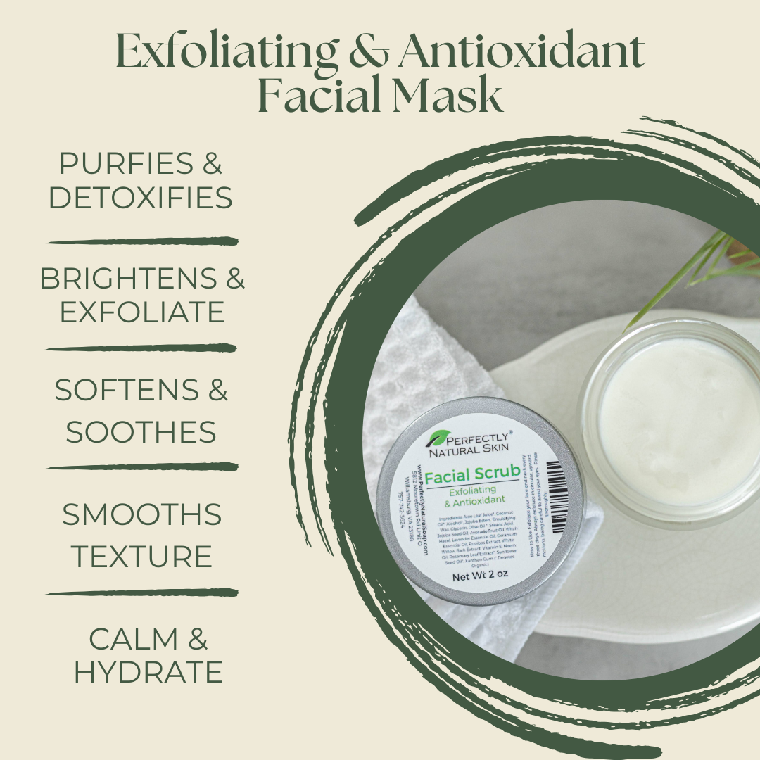 Exfoliating natural facial scrub 2 oz jar close-up, antioxidant-rich formula for smooth glowing skin