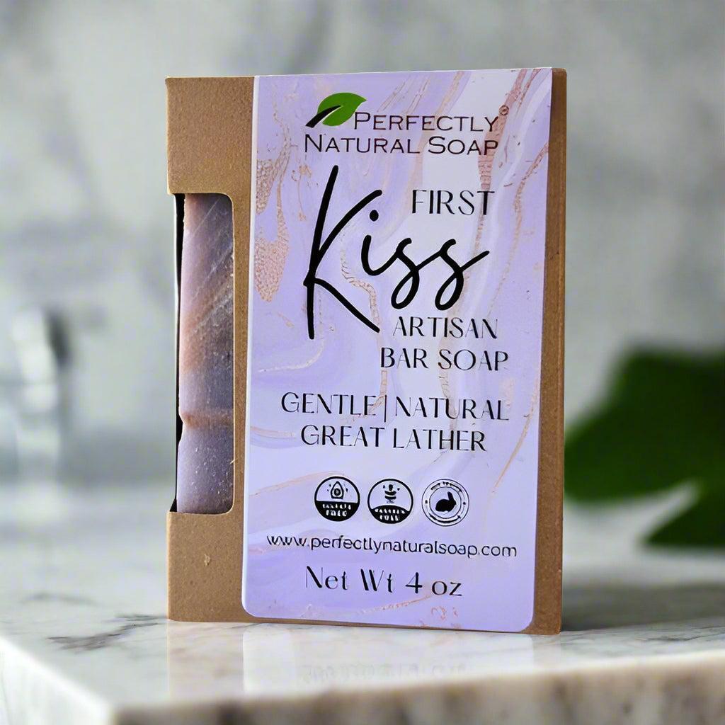 First Kiss natural soap bar close-up showing creamy lather, romantic floral handmade bar soap