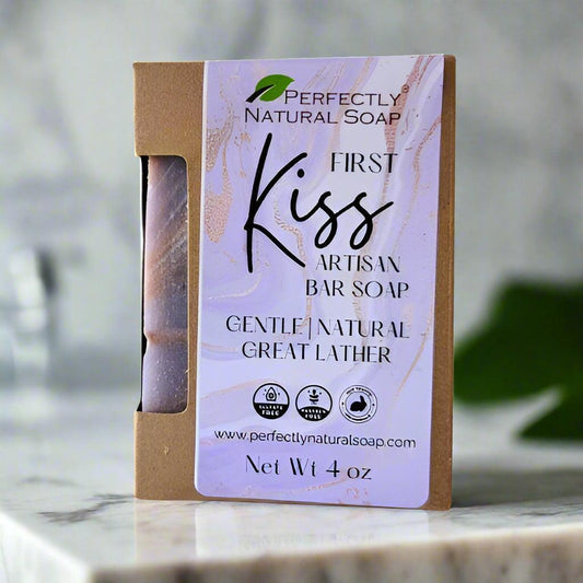 First Kiss natural soap bar close-up showing creamy lather, romantic floral handmade bar soap