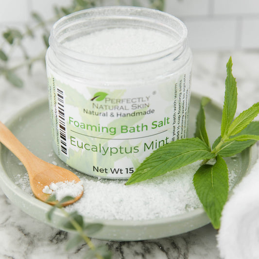 Foaming bath salts 15 oz Eucalyptus Mint scent, spa-quality mineral bath salts that foam and fizz