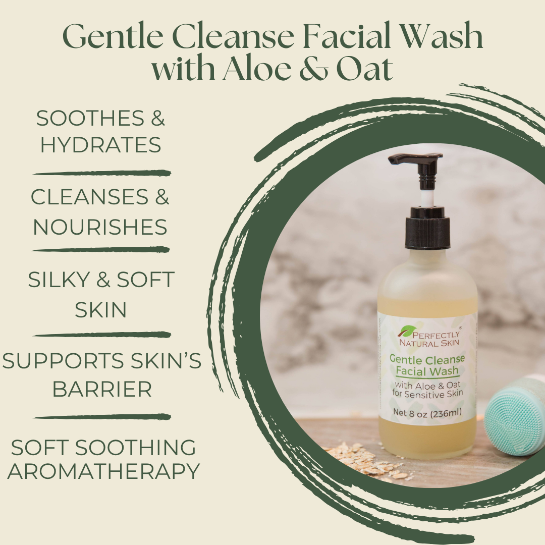 Gentle Cleanse facial wash 8 oz close-up, soothing aloe vera and oat foaming face wash pump bottle