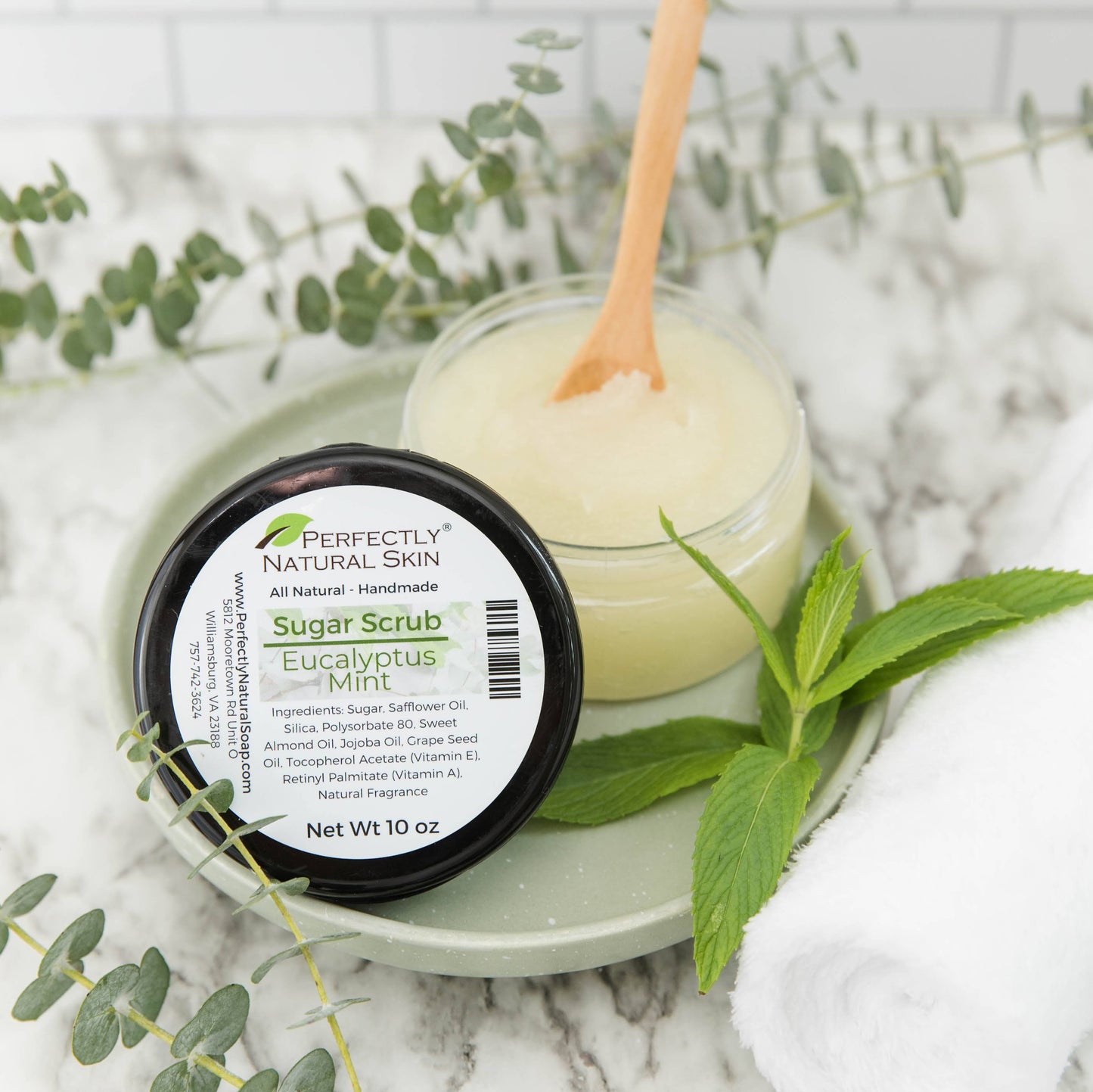 Gentle exfoliating sugar scrub Eucalyptus Mint scent, natural cane sugar body polish for energizing exfoliation