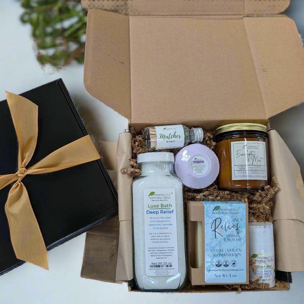 Natural self-care get well gift box with Eucalyptus Mint products, bath and body set for comfort and wellness