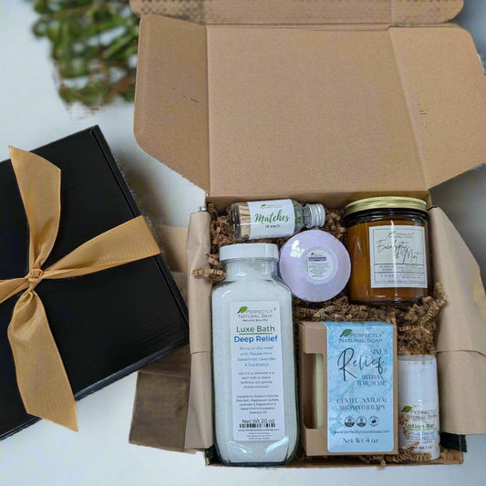 Natural self-care get well gift box with Eucalyptus Mint products, bath and body set for comfort and wellness