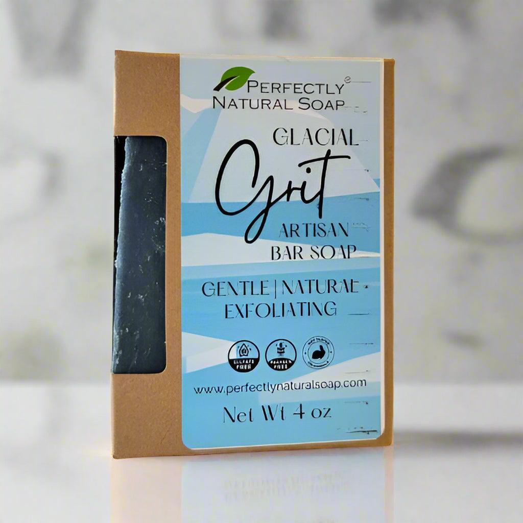 Glacial Grit natural soap bar close-up showing pumice exfoliating texture, handmade bar soap 4 oz