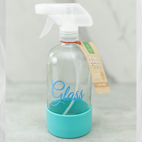 Natural glass cleaner starter set with glass sprayer bottle and refill, streak-free eco-friendly formula
