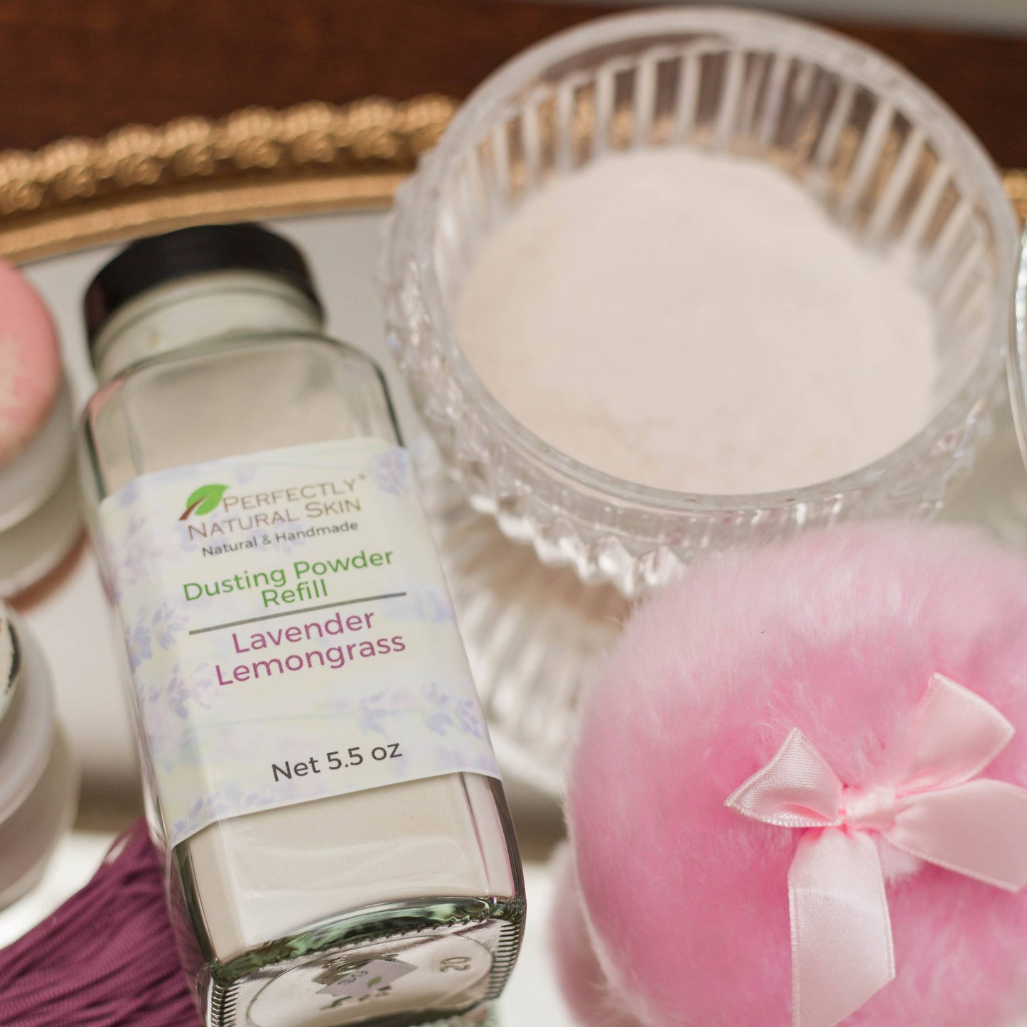 Glass dusting powder jar set with chrome lid and powder puff, clear glass jar for talc-free body powder
