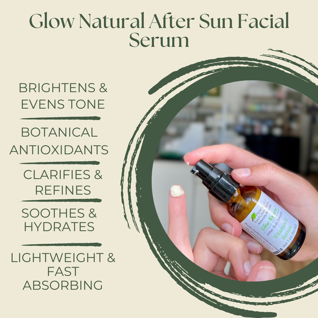 Glow natural after sun facial serum 1 oz dropper bottle close-up, calming recovery serum for sun care