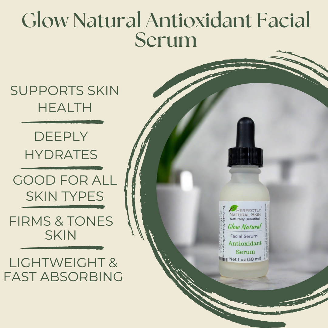Glow natural antioxidant facial serum dropper bottle, botanical antioxidant protection for healthy glowing skin