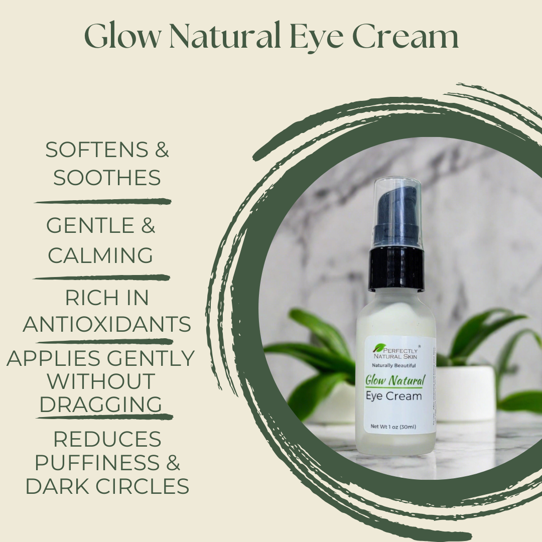 Glow natural eye cream 1 oz close-up, natural peptide and botanical eye cream for brightening and lifting