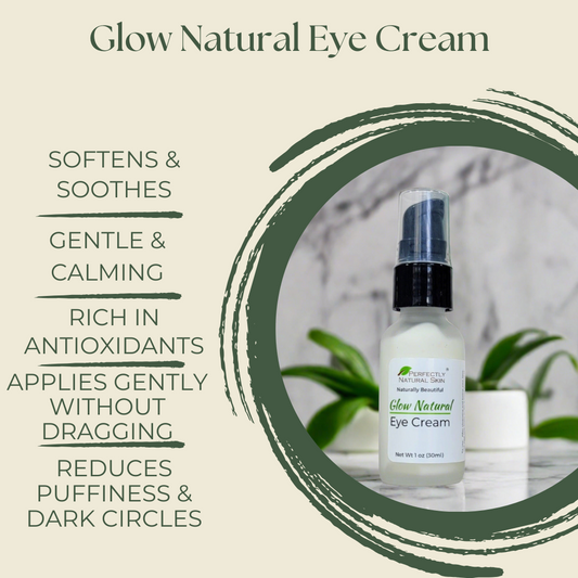 Glow natural eye cream 1 oz close-up, natural peptide and botanical eye cream for brightening and lifting