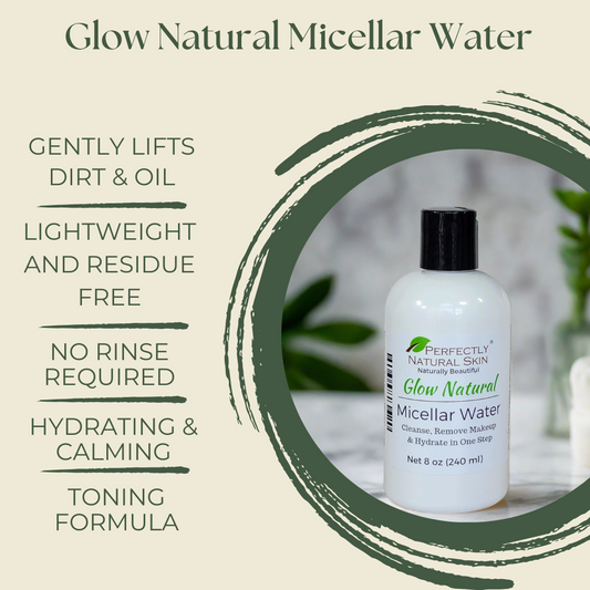 Glow natural micellar water 8 oz close-up, plant-based makeup remover and no-rinse facial cleanser