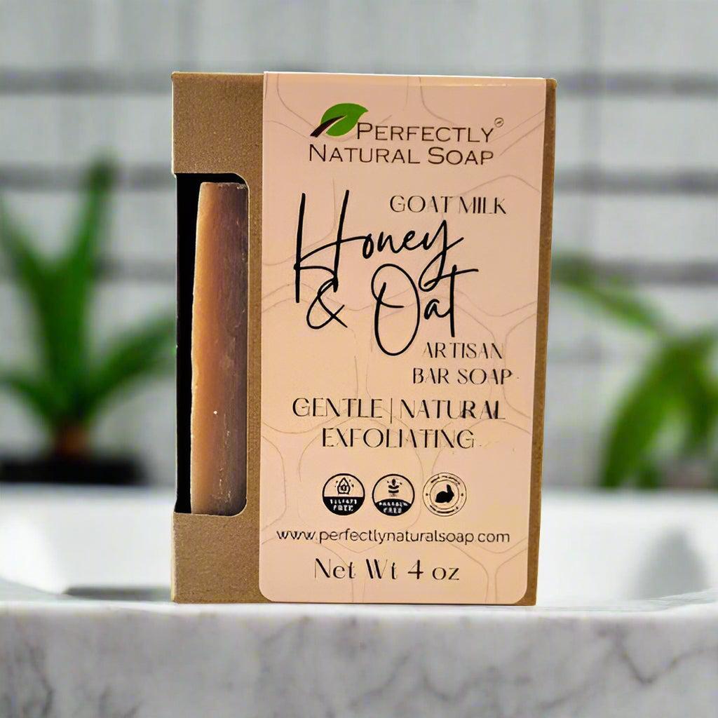 Goat milk honey oatmeal natural soap bar close-up showing creamy lather, gentle skin-nourishing handmade soap