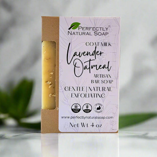 Goat milk lavender oatmeal natural soap bar close-up, soothing handmade bar soap for sensitive skin