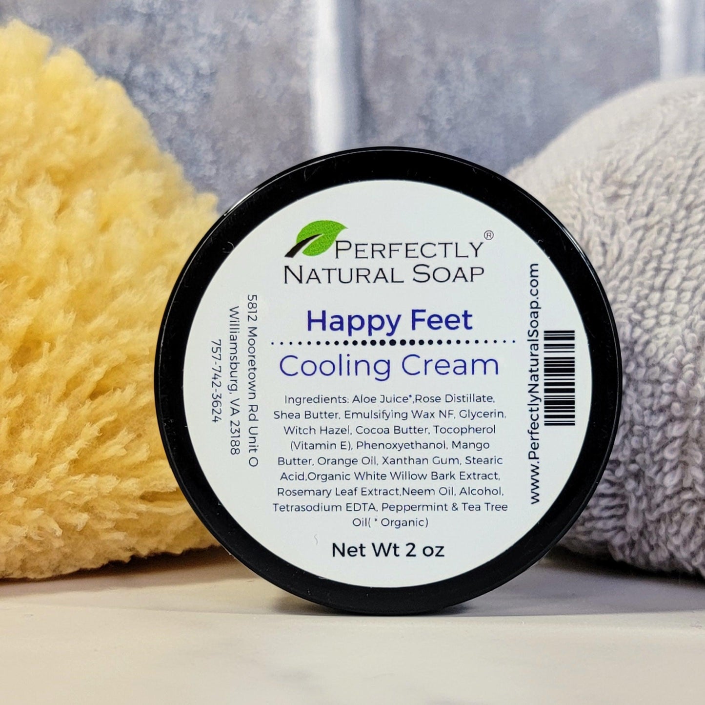 Happy Feet cooling foot cream 2 oz close-up, refreshing natural foot cream for cooling and moisturizing feet