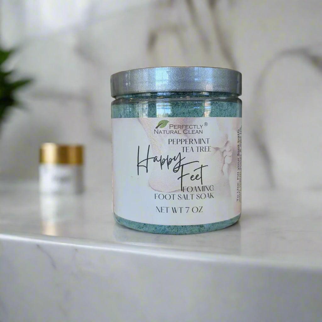Happy Feet foaming foot salt soak 7 oz, mineral-rich peppermint foot soak for tired and aching feet