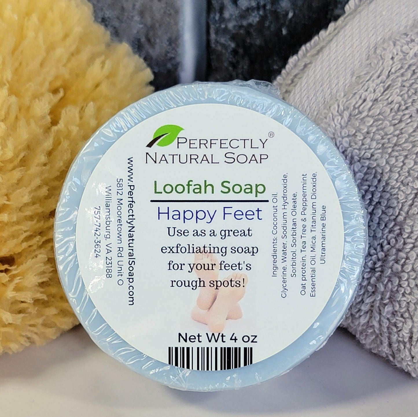 Happy Feet peppermint tea tree loofah soap 4 oz, exfoliating loofah-embedded foot soap bar for rough skin
