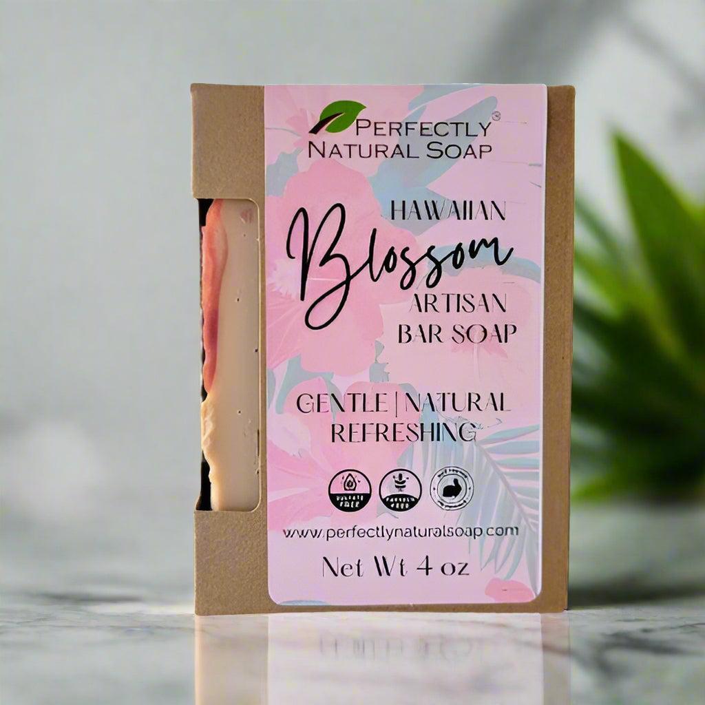Hawaiian Blossom natural soap bar close-up, tropical handmade bar soap with rich creamy lather