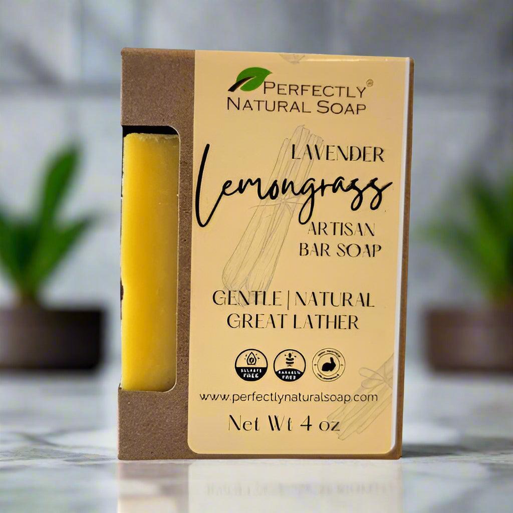 Lavender lemongrass natural soap bar close-up showing creamy lather, handmade herbal bar soap 4 oz