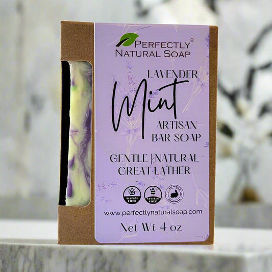 Lavender mint natural soap bar close-up, handmade herbal and mint bar soap with rich creamy lather
