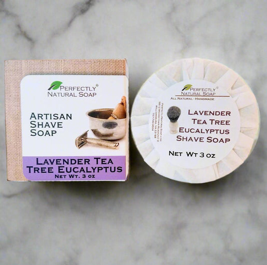 Lavender tea tree eucalyptus natural artisan shave soap puck, refreshing antiseptic shave soap for men
