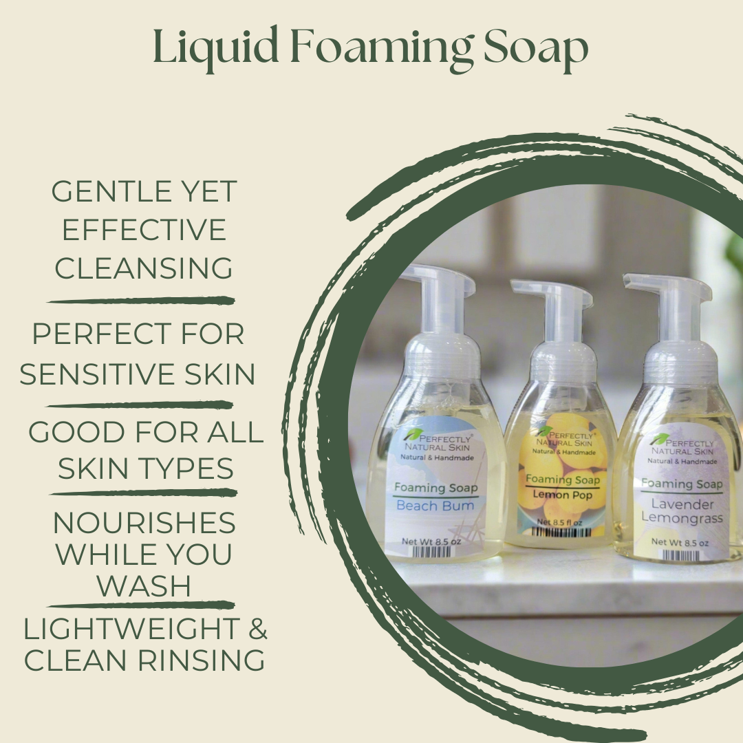 Organic coconut and olive oil liquid foaming soap 8.5 oz showing scent lineup, natural plant-based foaming soap