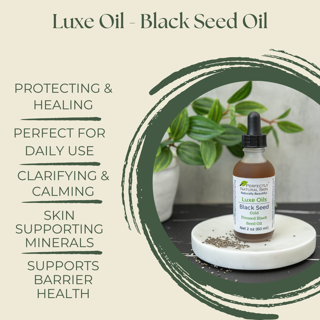 Luxe Oil black seed oil 2 oz bottle close-up, antioxidant-rich facial oil for skin renewal and repair
