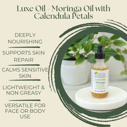 Luxe Oil moringa oil with calendula petals 2 oz bottle, nourishing plant-based facial oil with golden petals