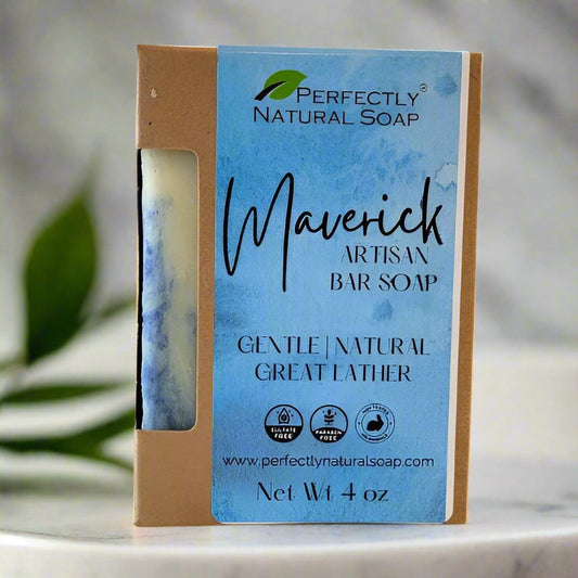 Maverick natural soap bar close-up, bold woodsy handmade bar soap with rich lather and resin fragrance