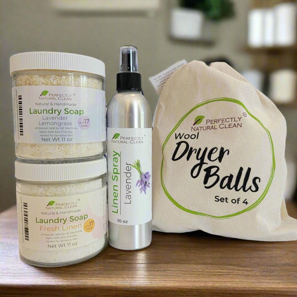 Natural laundry starter bundle Fresh Linen scent, plant-based laundry detergent kit with powder jar and refill