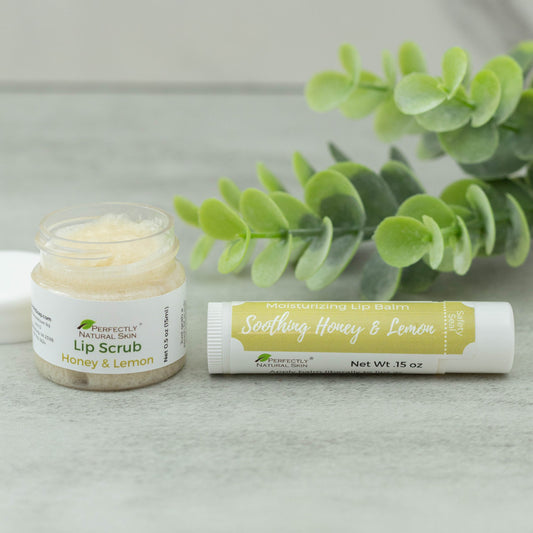 Ooh La La lip scrub and balm duo gift set in use, natural lip care gift duo for soft moisturized lips