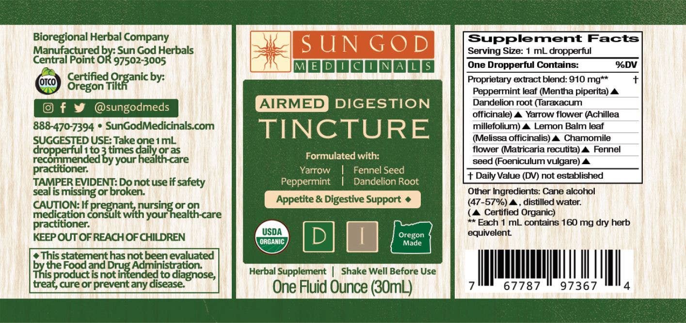 Organic Airmed digestion tincture 1 oz dropper bottle, herbal extract for natural digestive support