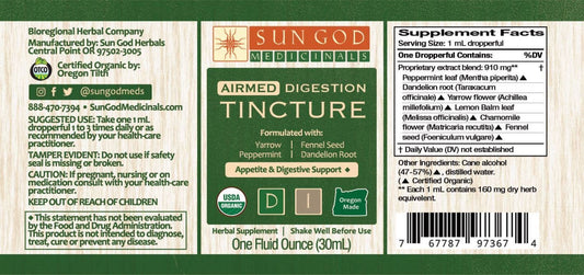 Organic Airmed digestion tincture 1 oz dropper bottle, herbal extract for natural digestive support