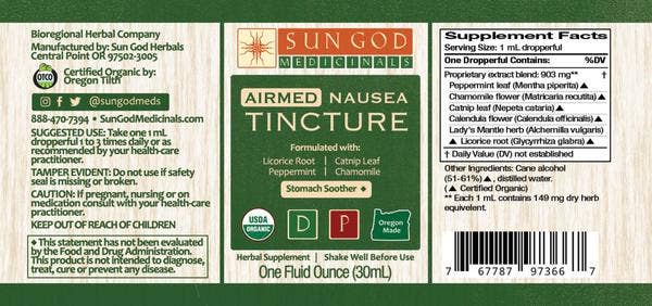 Organic Airmed nausea tincture 1 oz dropper bottle, herbal extract for stomach comfort support