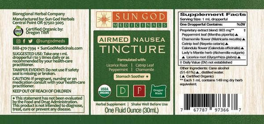 Organic Airmed nausea tincture 1 oz dropper bottle, herbal extract for stomach comfort support
