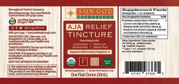 Organic Aja relief tincture 1 oz dropper bottle, herbal tincture for body comfort and relaxation