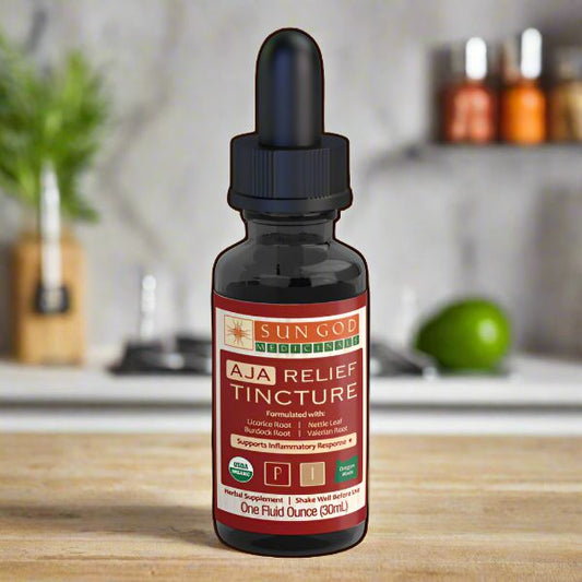 Organic Aja relief tincture 1 oz, herbal liquid extract for natural body comfort and calming support