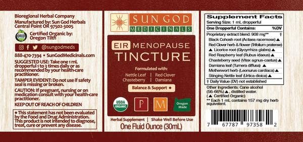 Organic Eir menopause tincture 1 oz dropper bottle, herbal extract for natural menopause wellness support
